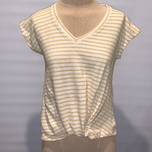 Pleione by Anthropologie yellow and cream striped top with twist knot, XS